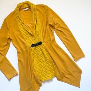 EUC DRESSFO CABLE COLLAR LONG TAPERED Mustard Gold CARDIGAN SWEATER w BUCKLE MED
